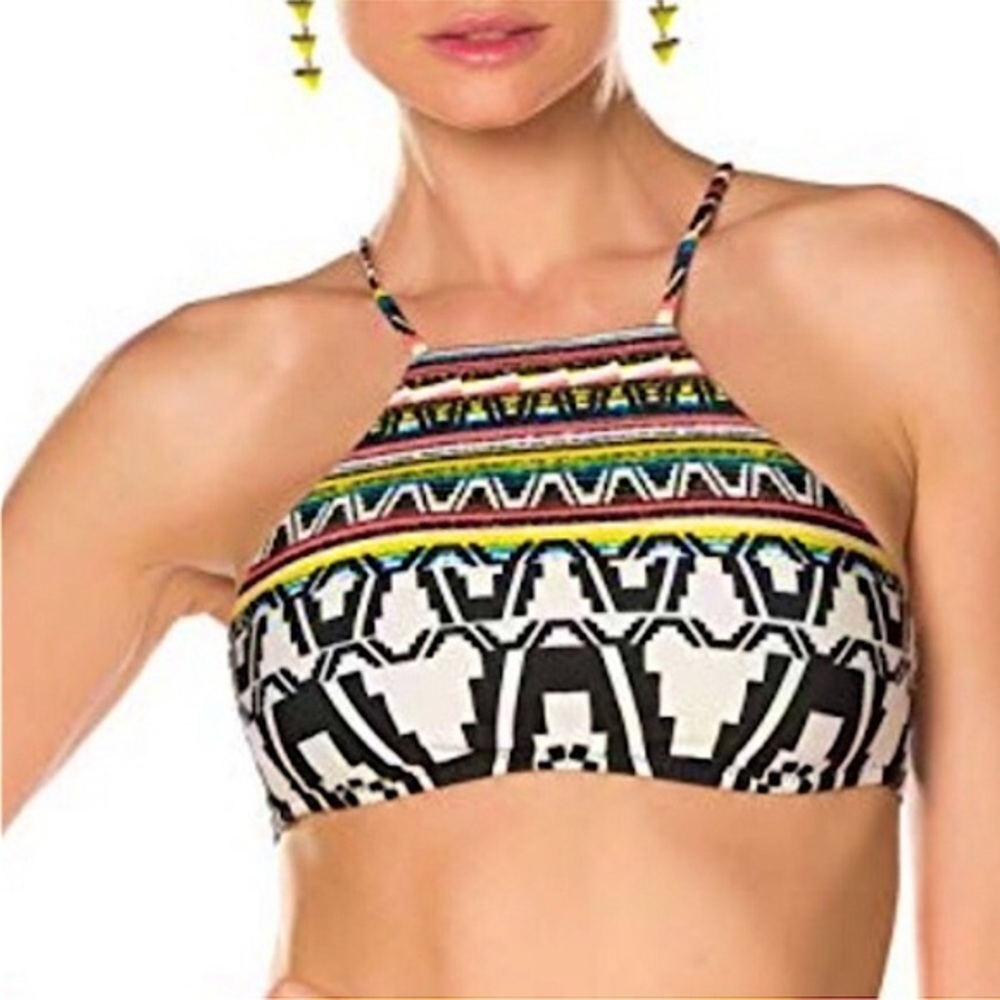 Becca Halter Tribal Tassel Multicolor Removable Cups Bikini Top L